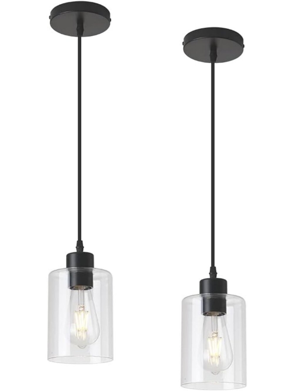 Stylish Black Glass Cylinder Pendant Lights for Kitchen Island Decor - 2 Pack